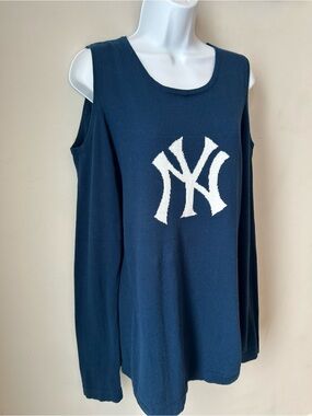 Y2K NY Yankees Cold Shoulder Knit Sweater Sporty Streetwear XL 100% COTTON
